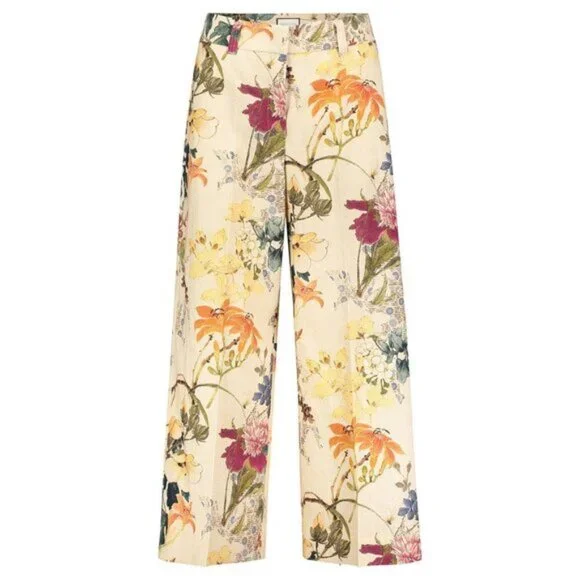 EUC Seductive Pants cream beige floral print wide leg linen blend culottes, 36